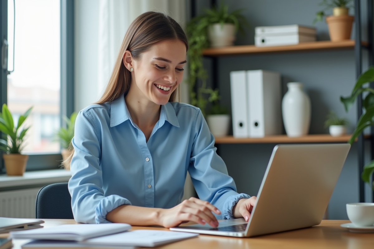 Jeune femme organisant des dossiers numériques dans un bureau lumineux