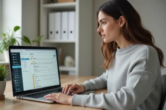 Femme organisant ses emails dans un webmail sur un ordinateur portable dans un bureau à domicile bien rangé