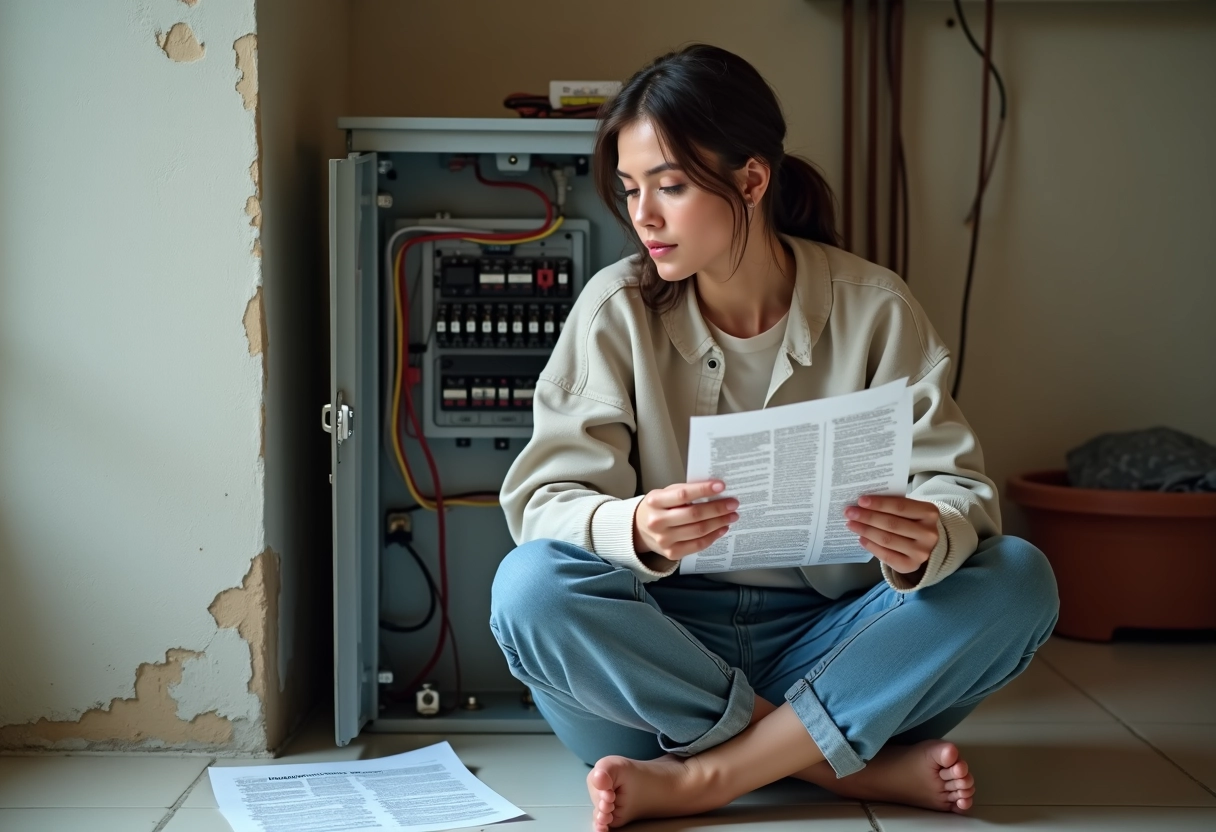 Jeune femme inspectant un tableau électrique après une panne