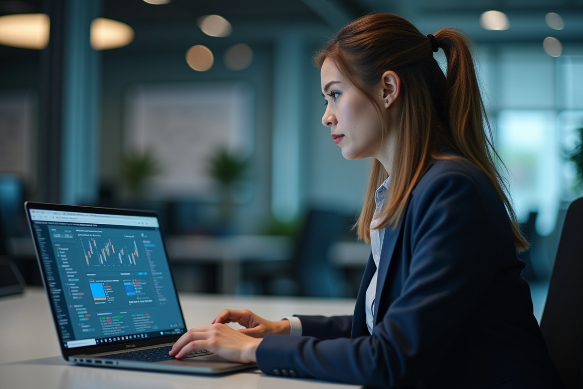 Femme professionnelle surveillant des tableaux API sur deux écrans