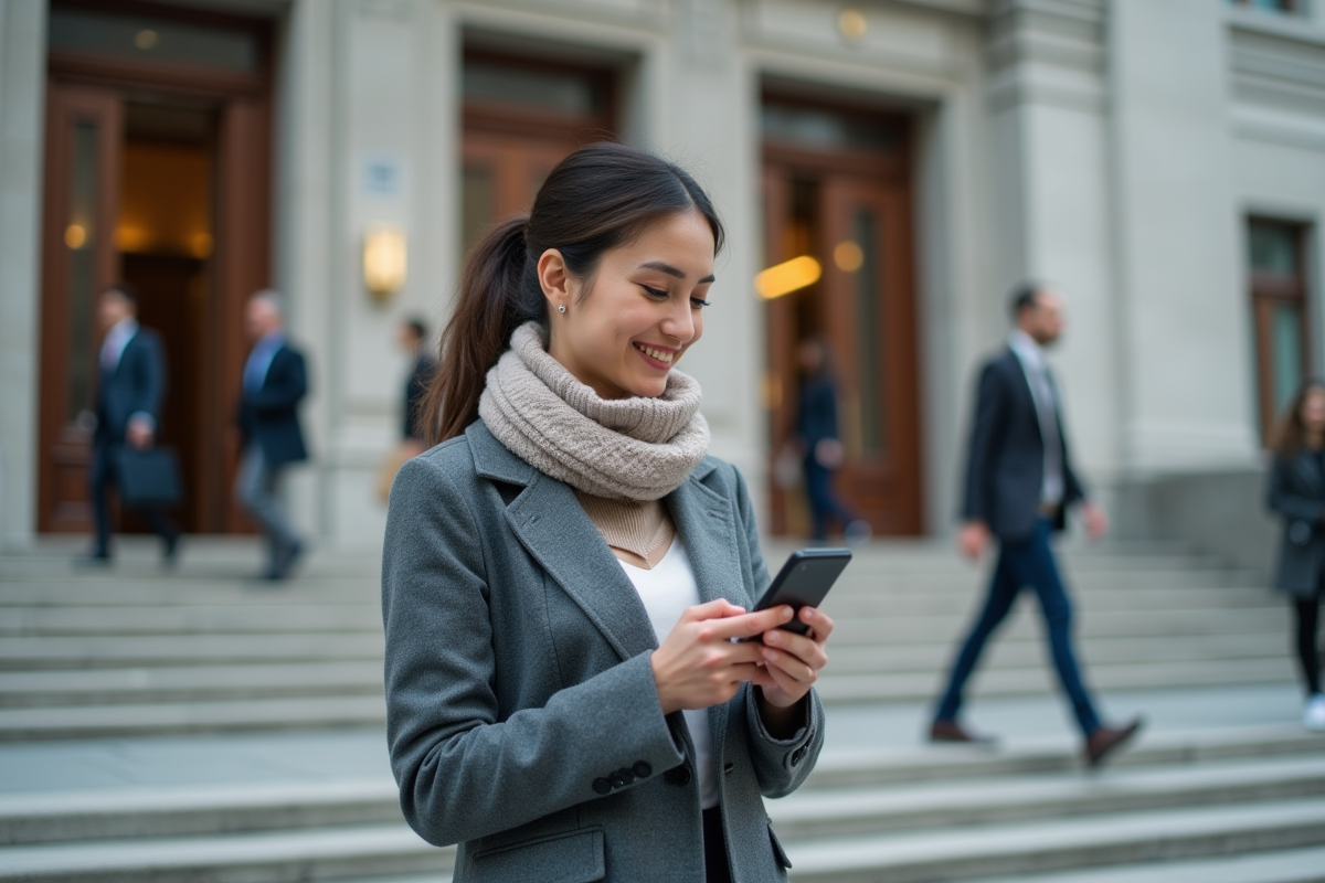 Jeune femme professionnelle utilisant son smartphone devant un bâtiment officiel