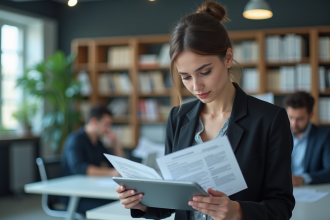 Jeune femme professionnelle lisant des documents multilingues