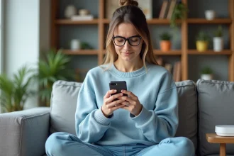 Jeune femme vérifiant son WiFi dans un salon cosy