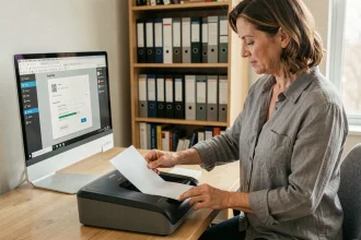 Femme plaçant un document sur un scanner à plat connecté à un ordinateur pour créer un PDF