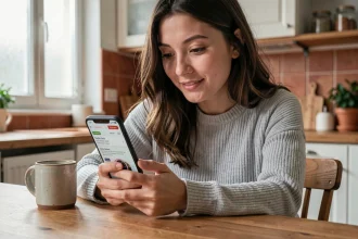 Jeune femme comparant des smartphones à moins de 200 euros sur une application de promotions dans une cuisine moderne