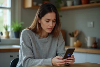 Femme frustrée tenant un smartphone affichant une connexion lente sur Facebook Messenger dans une cuisine moderne