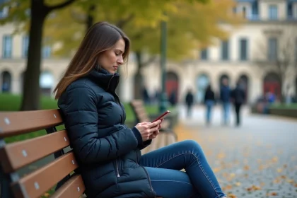 Femme assise sur un banc à Limoges regardant son smartphone
