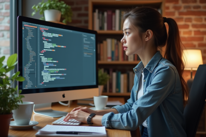 Jeune femme travaillant sur une base SQL dans un bureau moderne