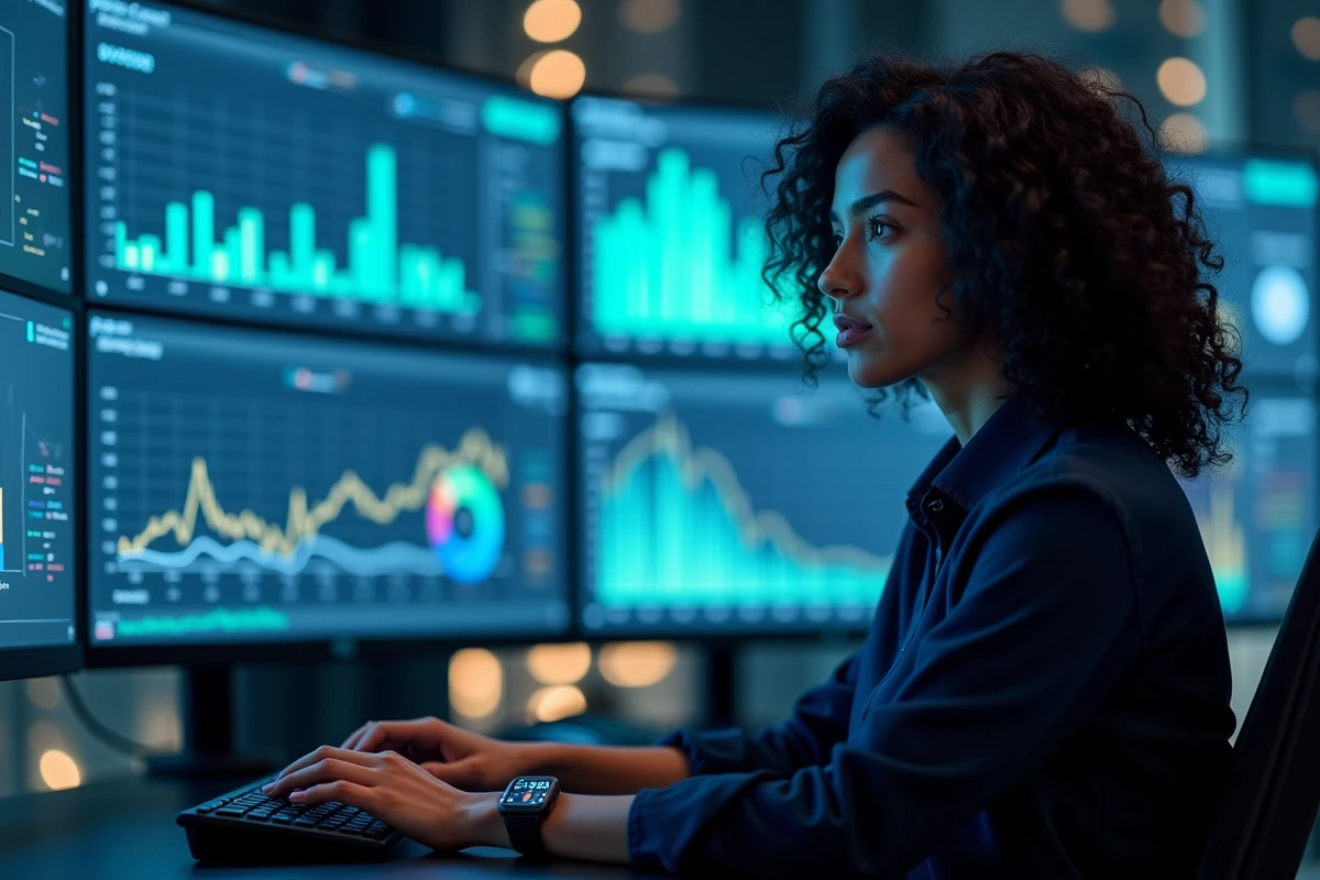 Jeune femme surveillant un tableau de trafic DNS dans un centre de sécurité