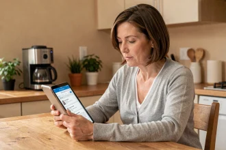 Femme utilisant une tablette pour accéder au webmail Orange fr dans une cuisine moderne