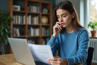 Jeune femme concentrée sur son ordinateur dans un bureau à domicile