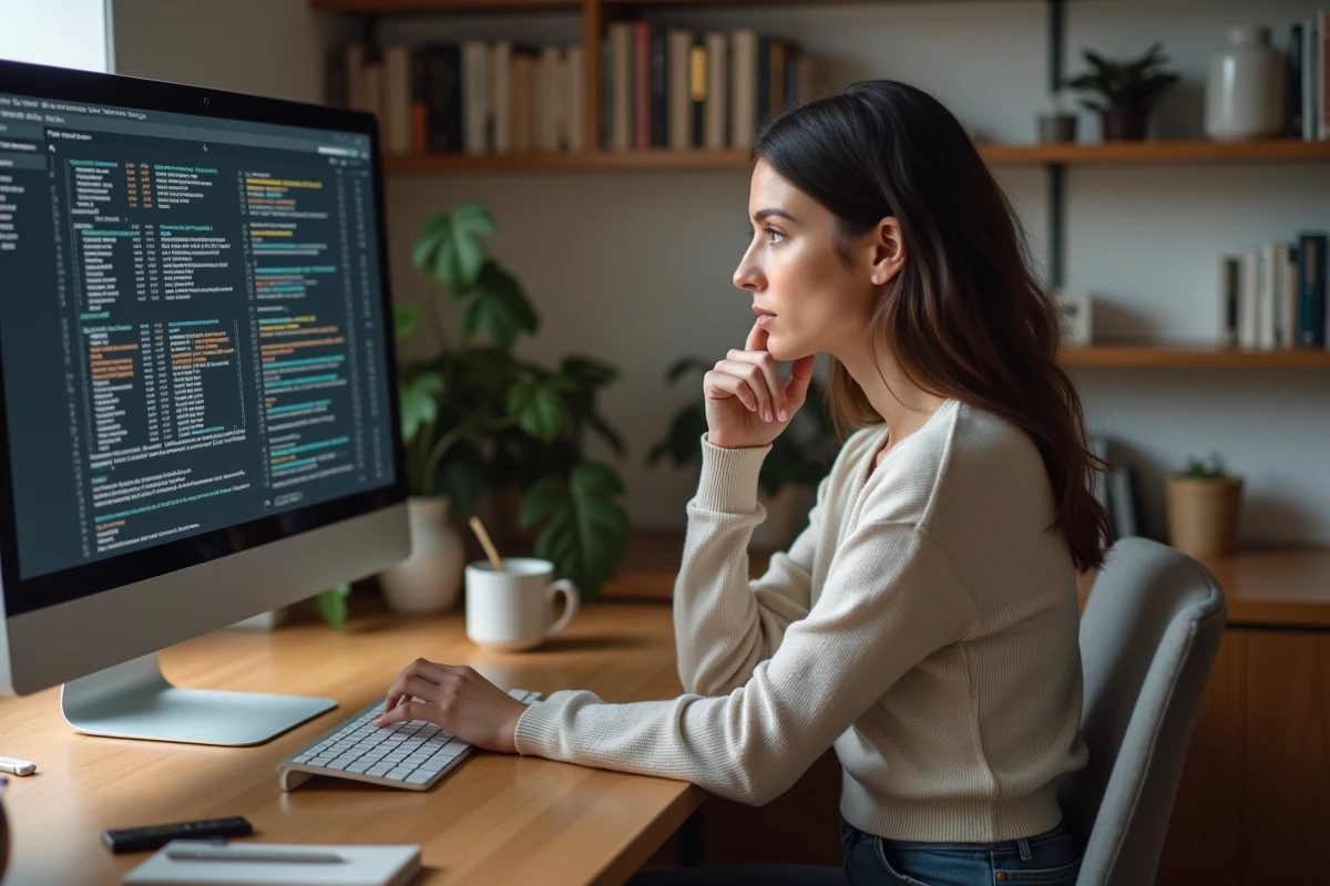Femme concentrée dans un bureau à domicile moderne