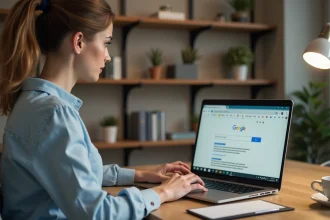 Femme en home office recherchant sur Google pour l'article
