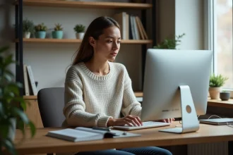 Jeune femme ajustant ses réglages sur un ordinateur à domicile