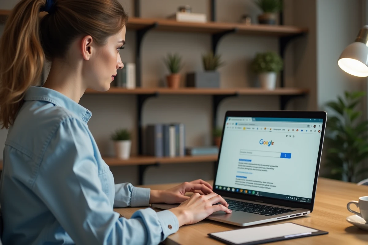 Femme en home office recherchant sur Google pour l'article