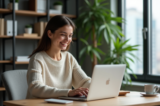 Femme souriante travaillant sur son ordinateur portable dans un bureau