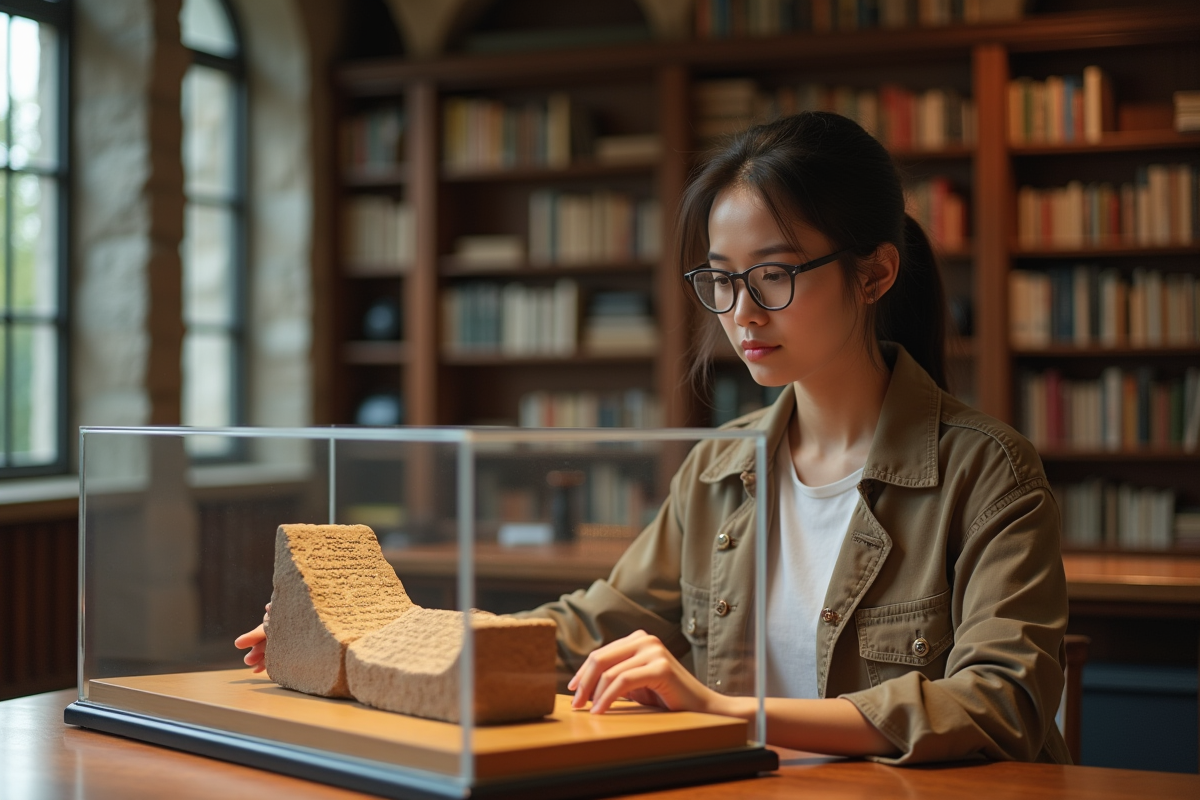 Jeune femme moderne examinant une tablette en argile dans une bibliothèque