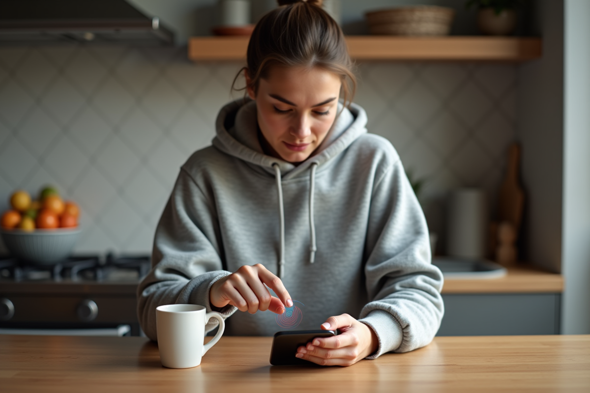 Femme vérifiant son empreinte sur smartphone dans une cuisine