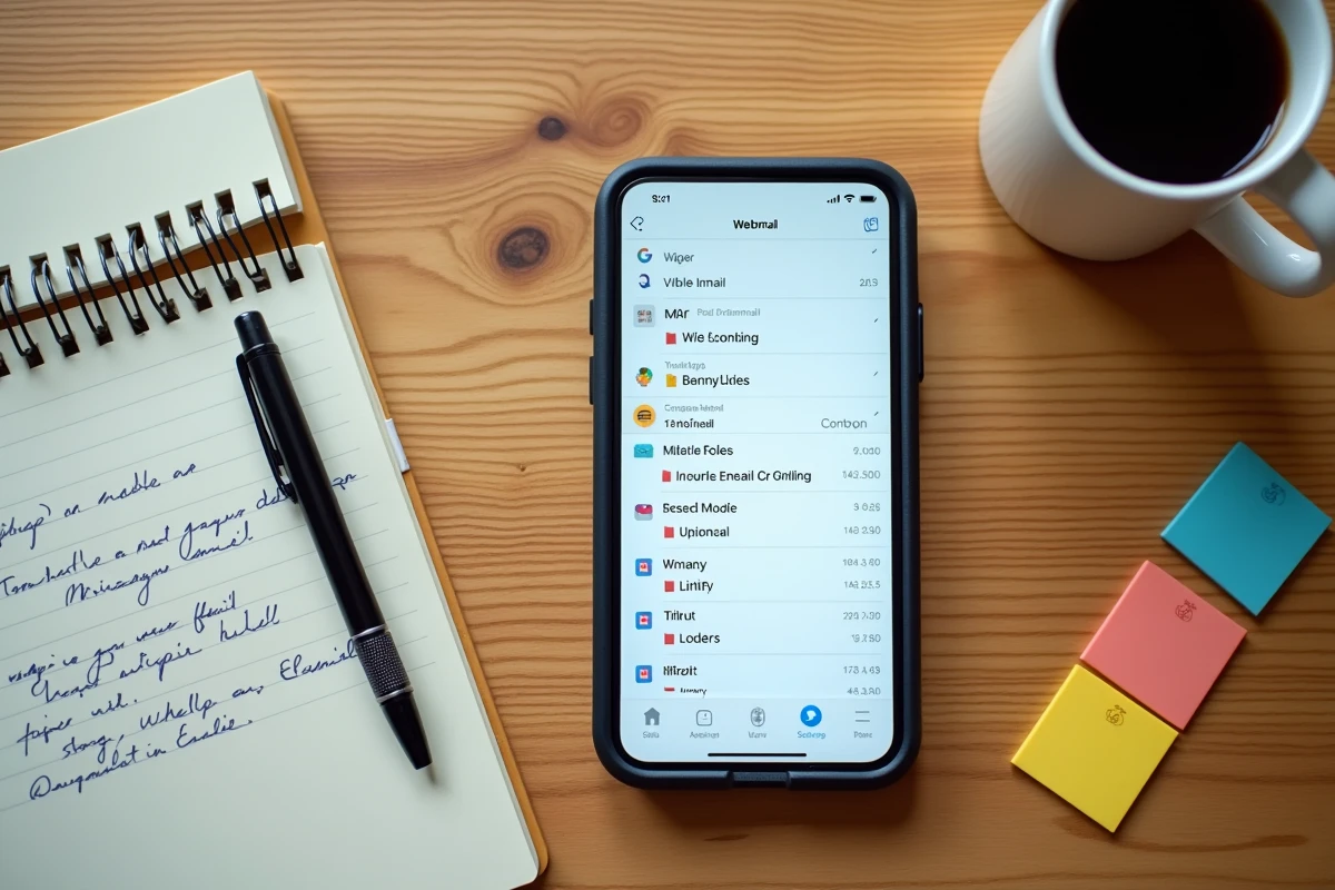 Vue a&eacute;rienne d'un bureau avec smartphone affichant un webmail organis&eacute;, carnet de notes et onglets de classement color&eacute;s