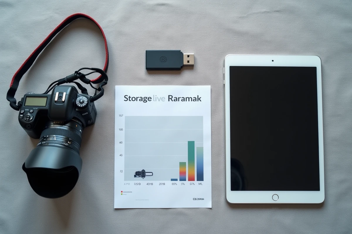 Vue du dessus d'un appareil photo, clé USB, carte mémoire et tableau de conversion de stockage sur fond en lin gris