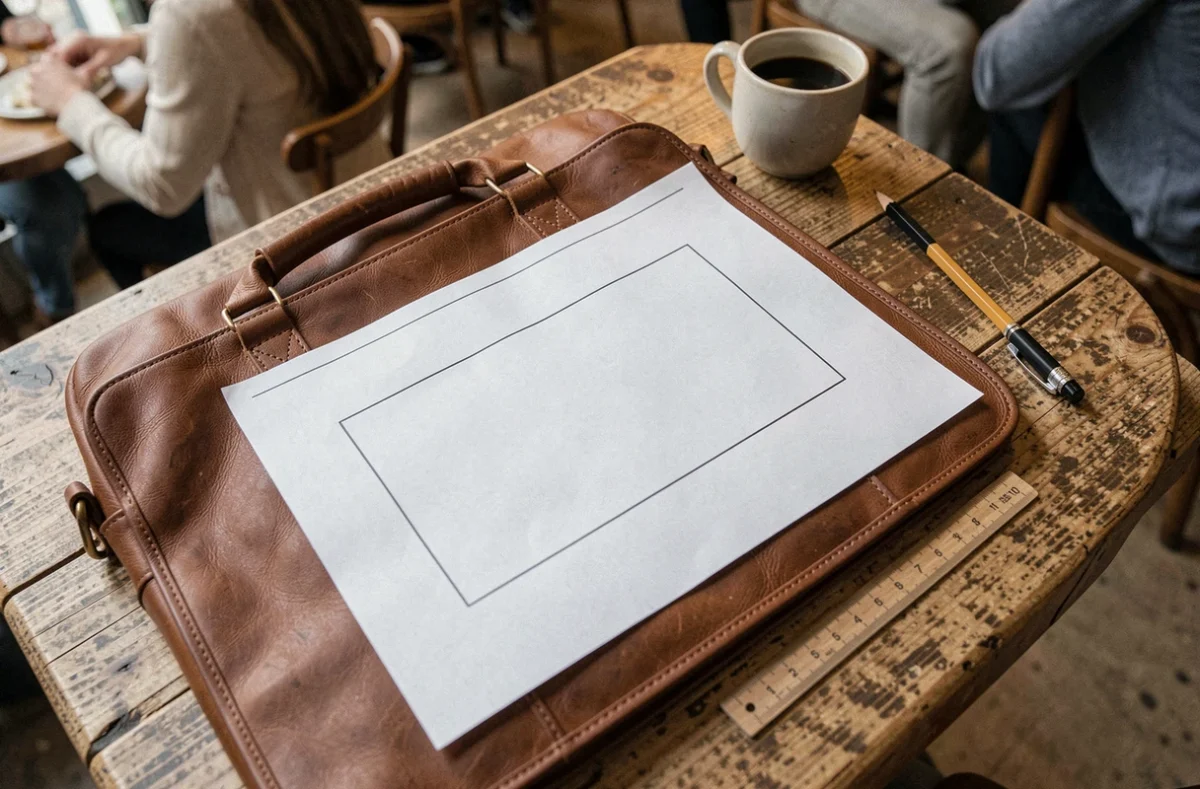 Gabarit imprimable MacBook 13 pouces posé sur un sac en cuir marron dans un café avec règle et crayon