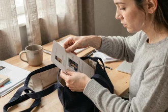 Femme testant un gabarit imprimable de MacBook 13 pouces dans un sac en toile sur un bureau en bois