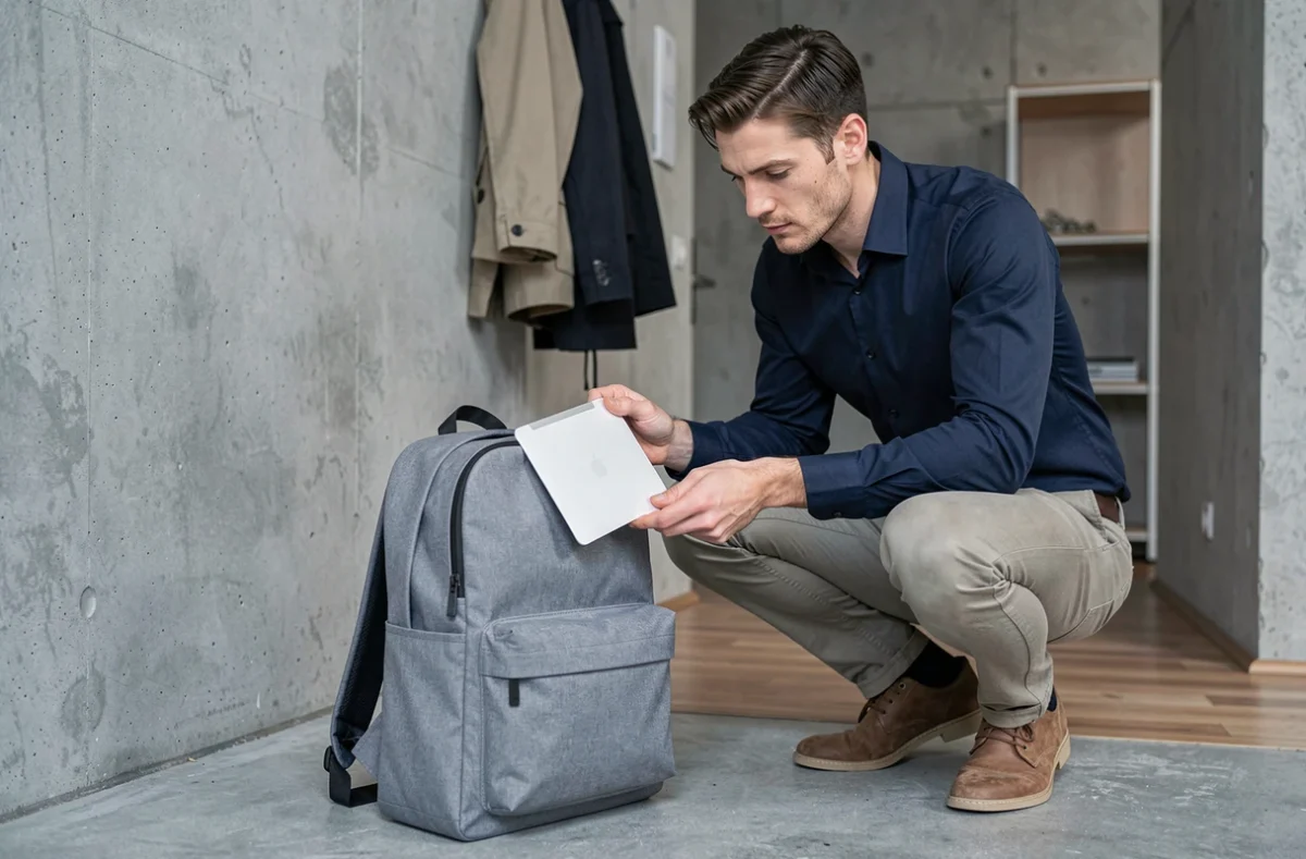 Homme comparant un gabarit papier de MacBook 13 pouces avec un sac à dos gris dans un appartement urbain