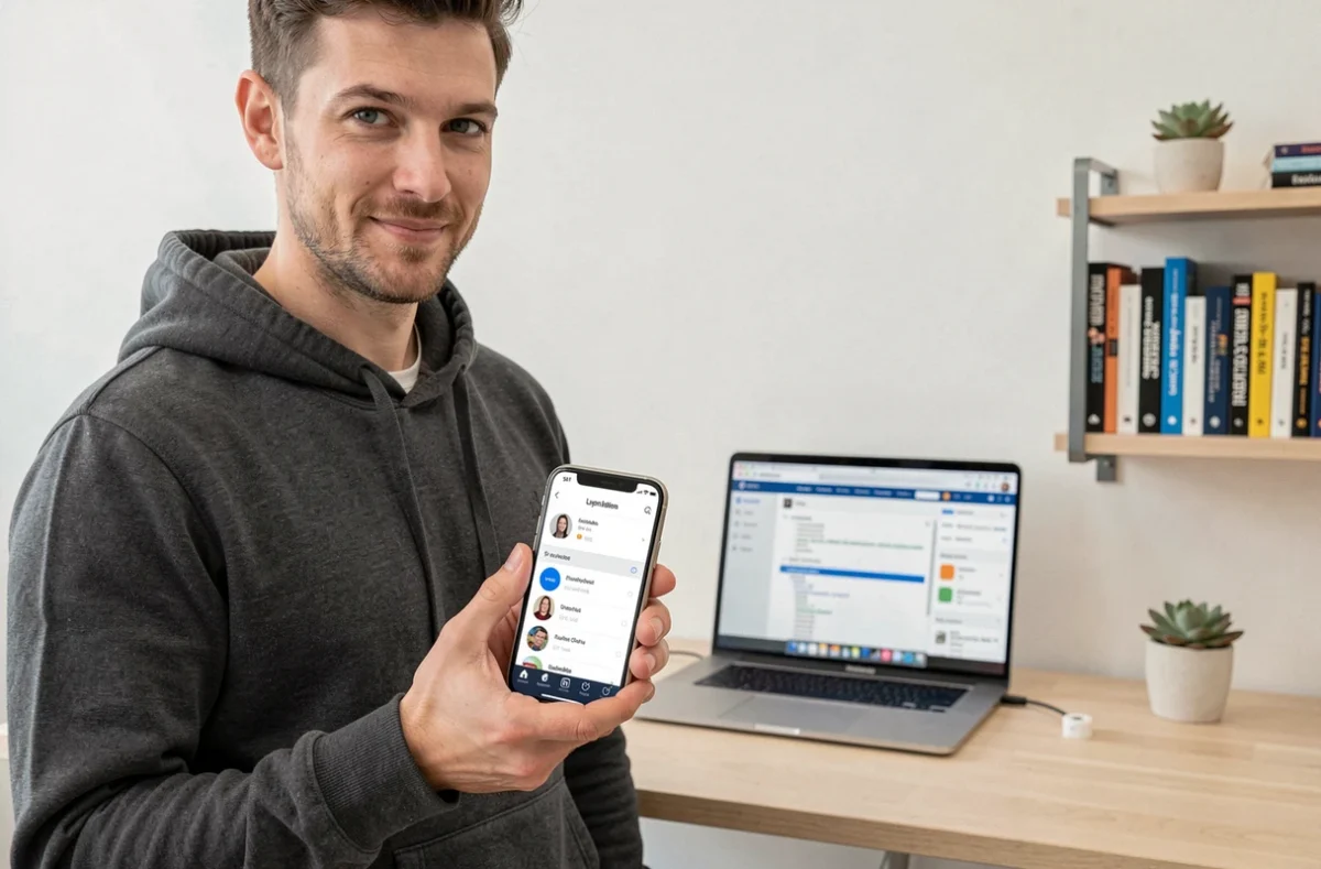 Développeur de l'agence Galadrim à Lyon présentant une application mobile et web sur smartphone