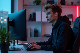 Jeune homme gamer concentré devant son setup hightech