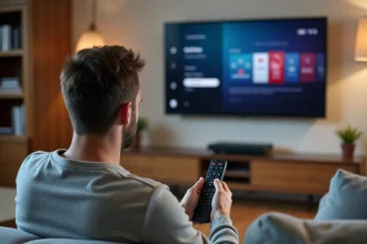 Homme gérant les enregistrements sur sa Freebox via la télécommande dans un salon moderne