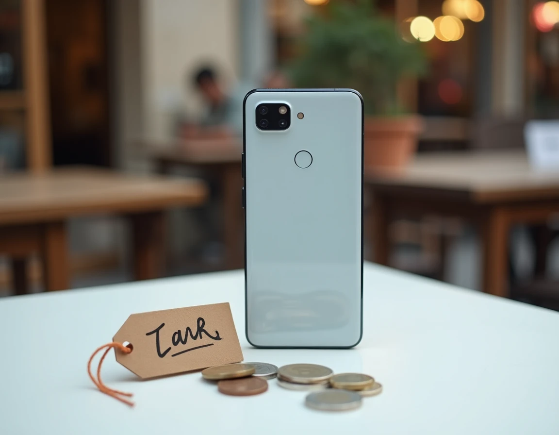 Google Pixel 6 posé sur une table avec une étiquette de prix dans un marché de seconde main