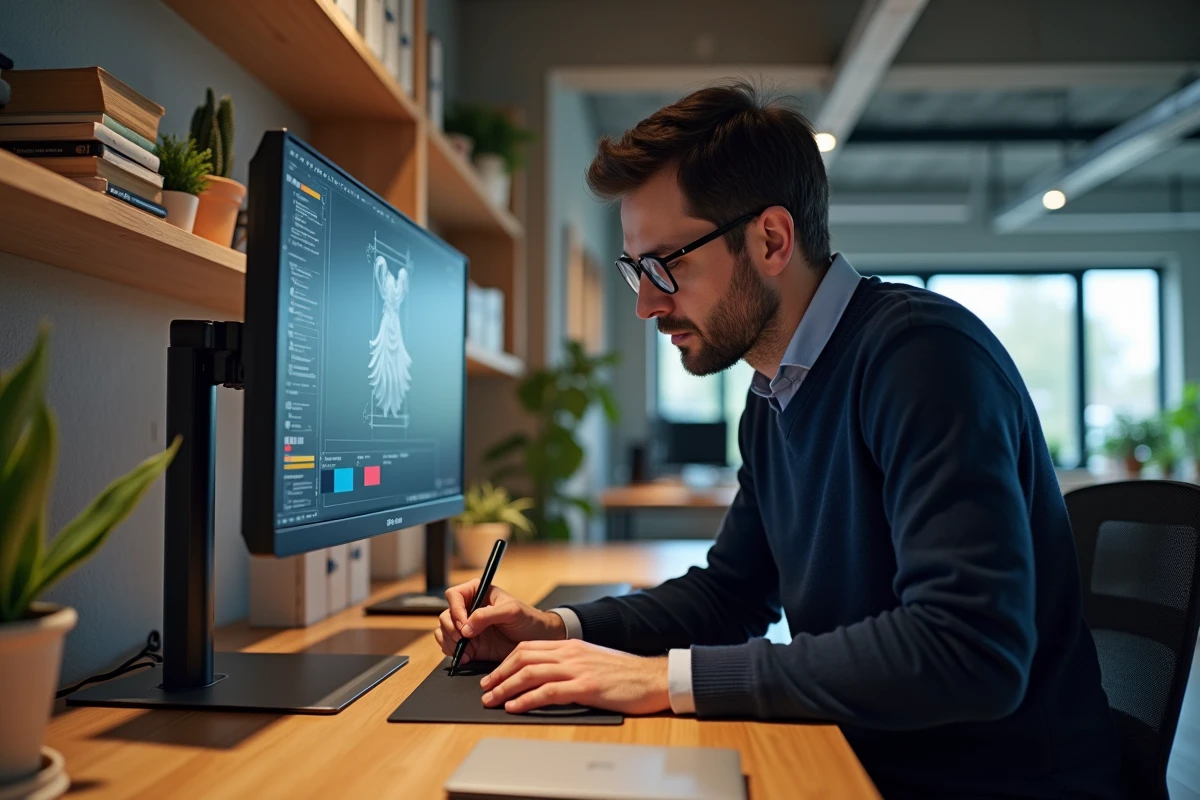 Graphiste créatif travaillant sur un grand écran OLED dans un bureau moderne en open space