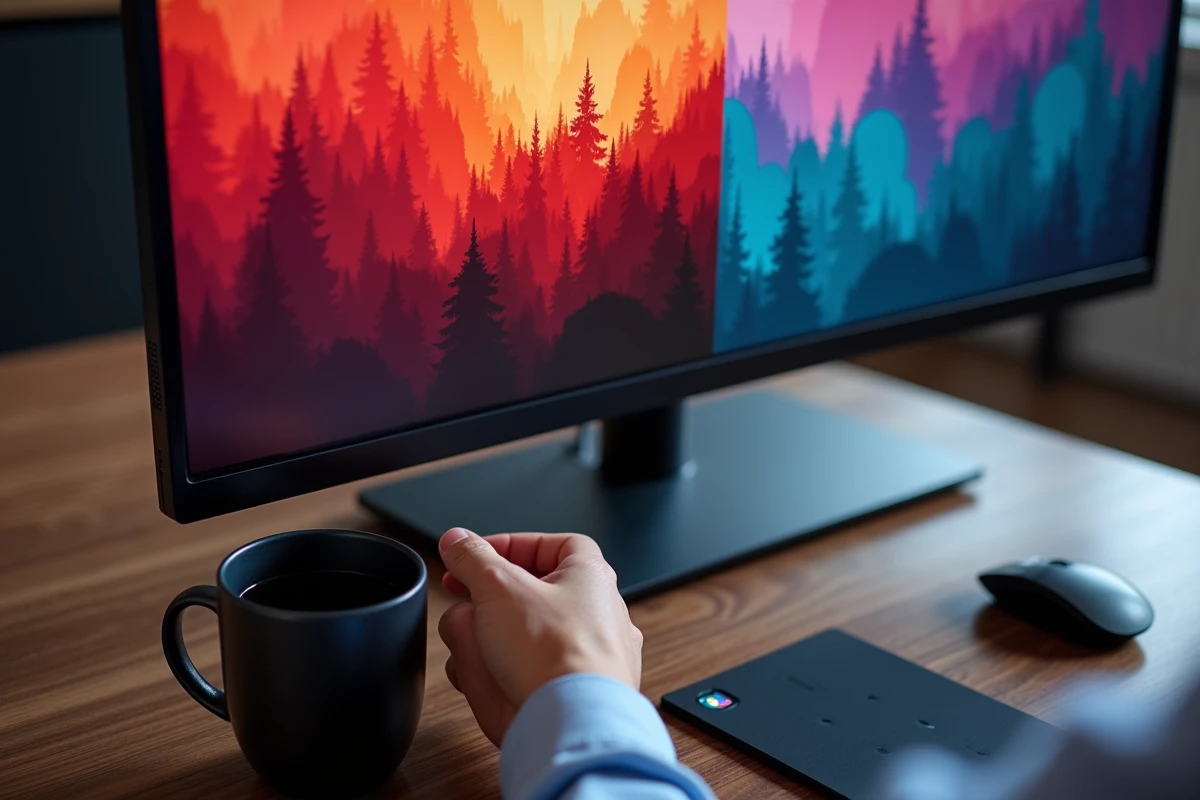 Gros plan sur un écran OLED 27 pouces affichant une comparaison de retouche photo professionnelle