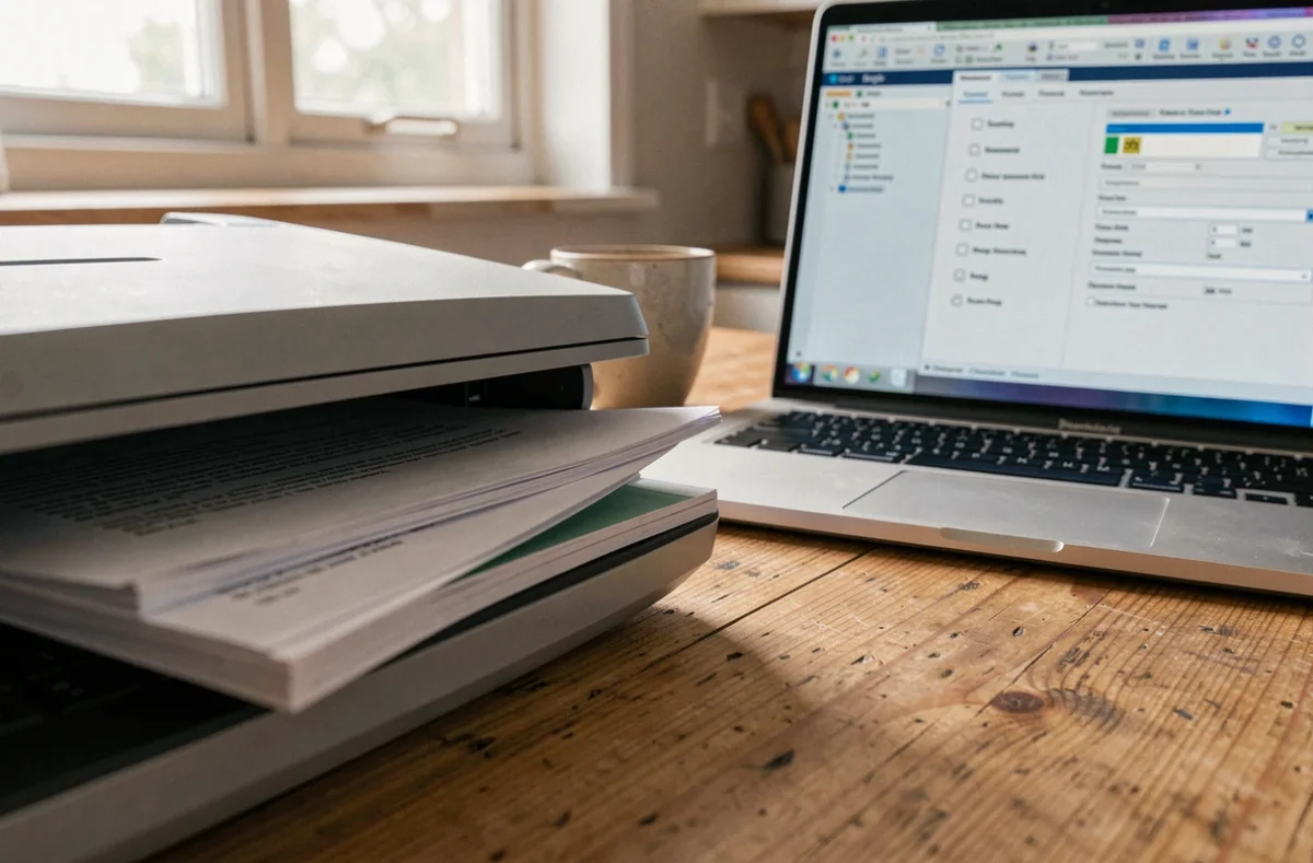 Gros plan d'un scanner à plat et d'un ordinateur portable affichant les paramètres d'exportation PDF léger