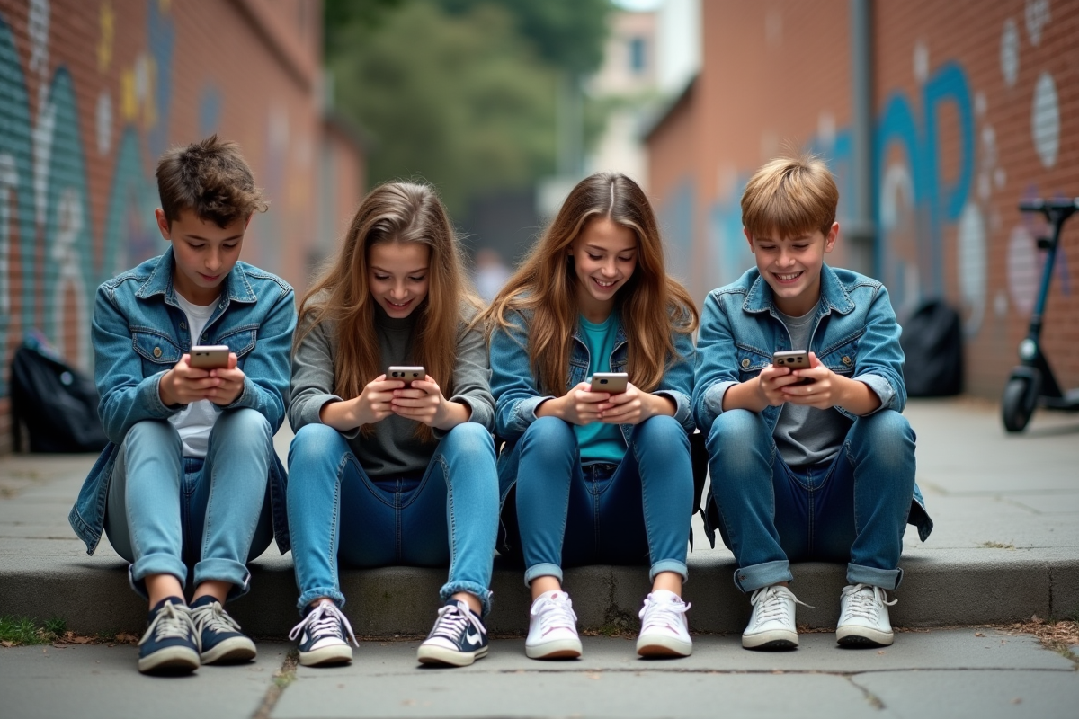 Groupe de quatre adolescents assis sur des marches urbaines