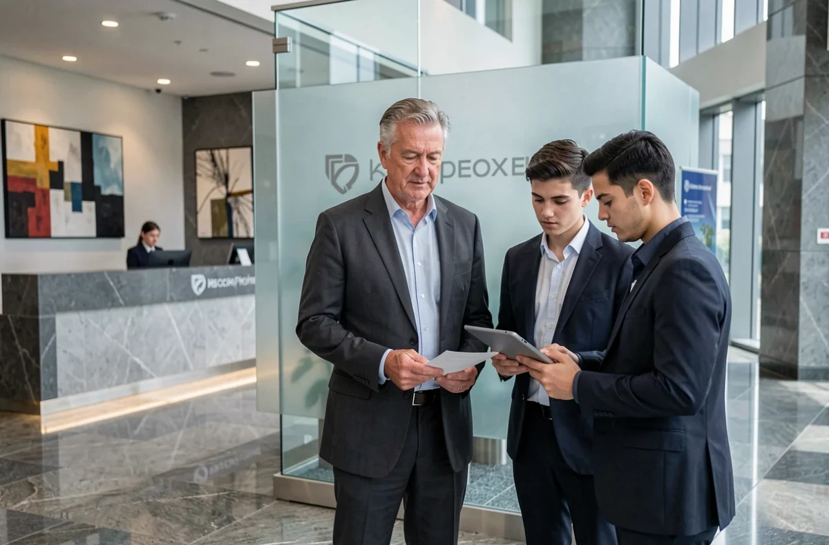 Directeur du Groupe Asten en lobby d'entreprise technologique avec son équipe consultant des documents sur tablette