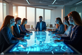 Groupe de personnes collaborant autour d'une table holographique moderne