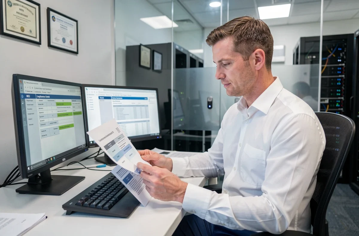 Auditeur cybersécurité du Groupe NECC analysant des rapports de conformité NIS2 sur double écran en entreprise