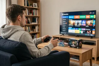 Homme en hoodie gris jouant à des jeux vidéo sur abonnement Games Prime depuis son salon