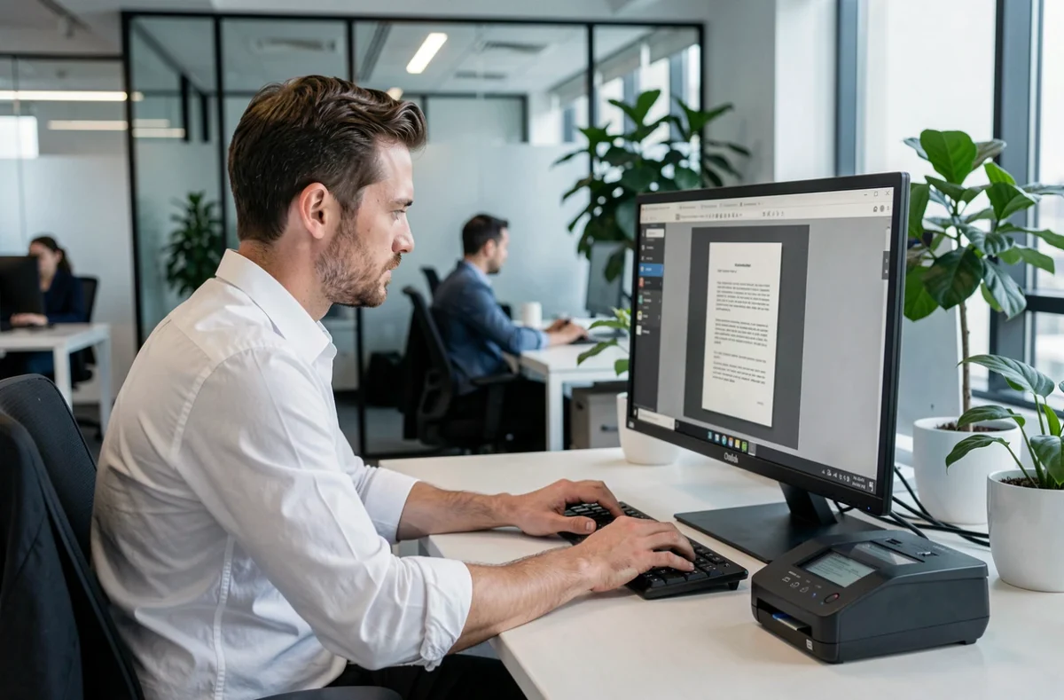 Homme consultant l'aperçu d'un document scanné en PDF sur un écran d'ordinateur au bureau
