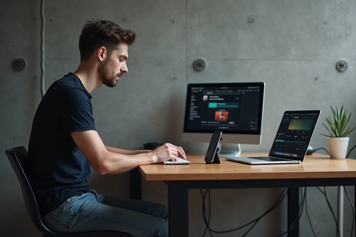 Homme configurant une sonnerie personnalisée sur iPhone posé sur un bureau minimaliste avec MacBook ouvert en arrière-plan