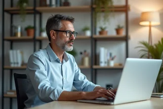 Homme d'âge moyen travaillant sur son ordinateur dans un bureau moderne