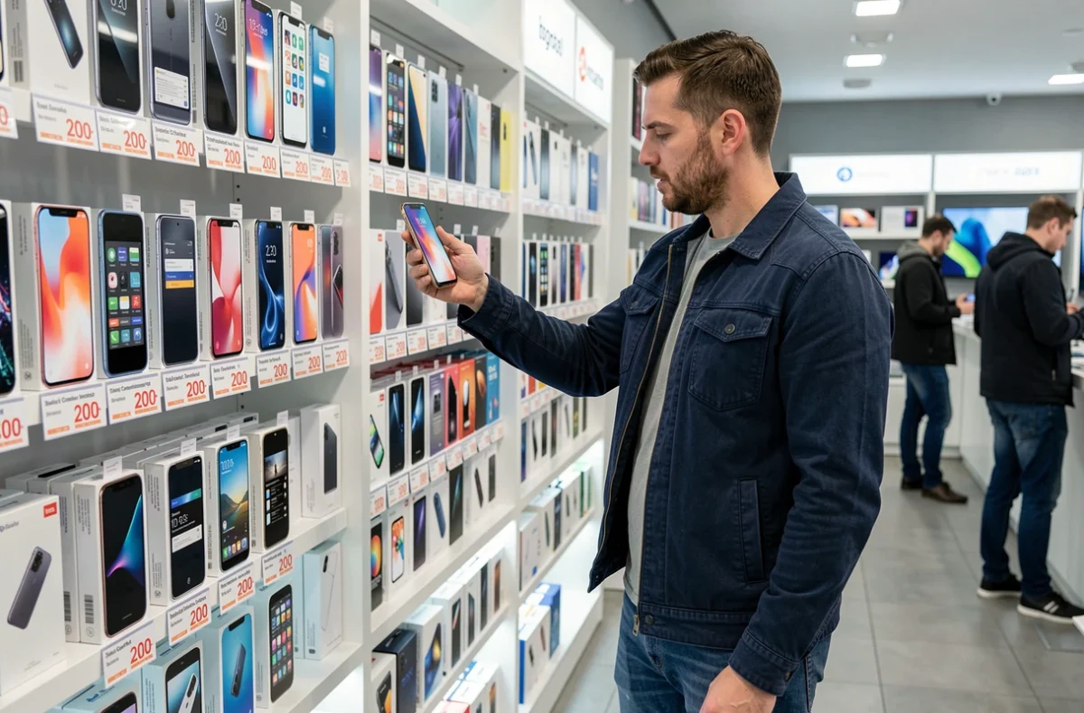 Homme choisissant un smartphone en promotion dans un magasin d'électronique avec des prix affichés à moins de 200 euros