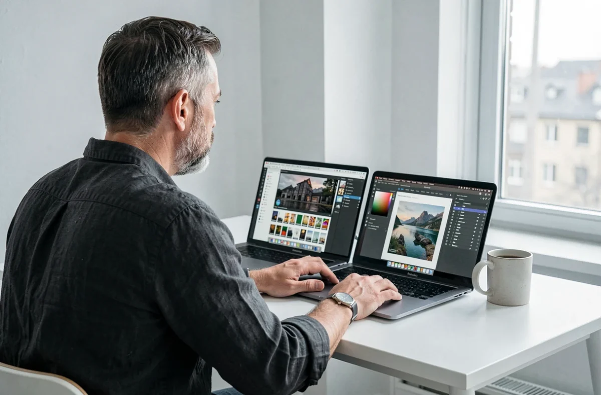 Homme d'âge mûr comparant des logiciels de peinture gratuits sur MacBook Pro dans appartement scandinave