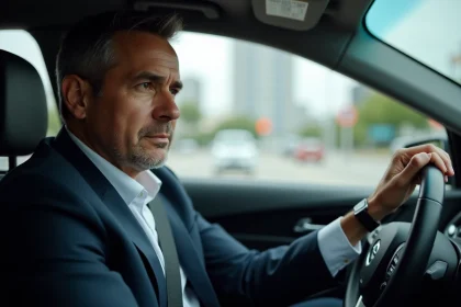 Homme d'&acirc;ge moyen en costume au volant d'une voiture