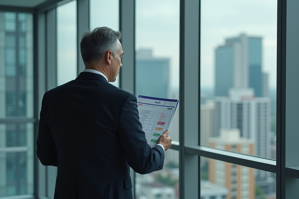 Homme d affaires regardant un document avec résultats de recherche