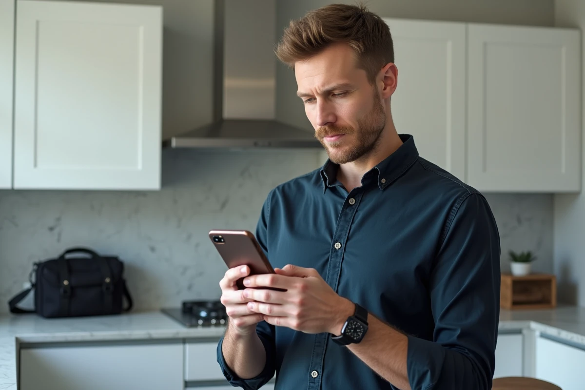 Homme consultant un outil de conversion Go en Mo sur smartphone dans une cuisine moderne