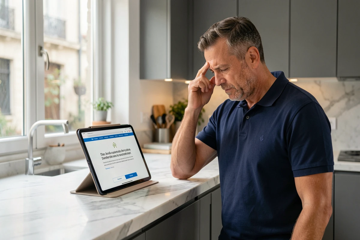 Homme d'âge moyen consultant une tablette avec un message d'erreur lors de l'activation eDocPerso depuis sa cuisine