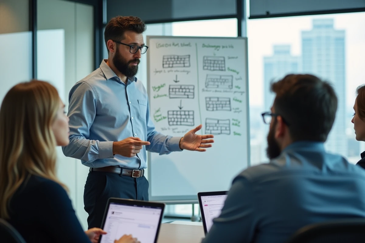 Homme avec tableau blanc expliquant des raccourcis clavier