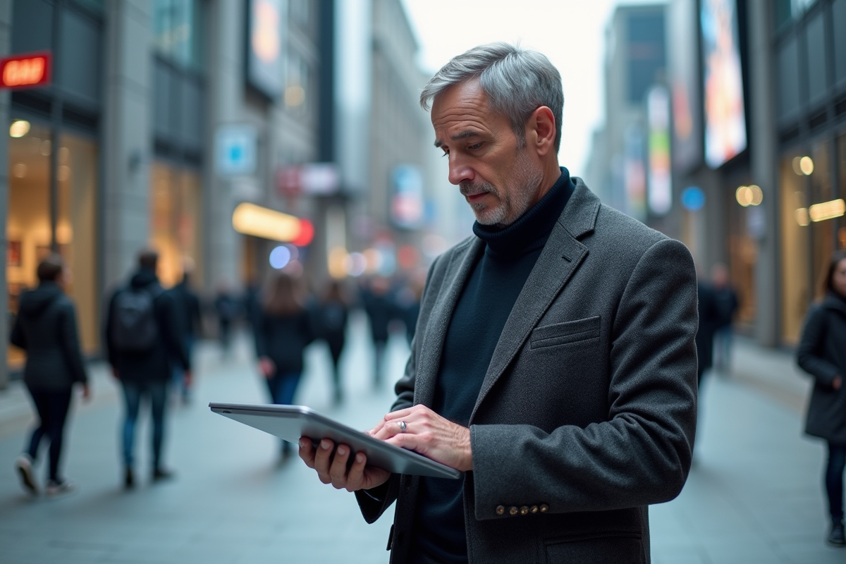 Homme utilisant un ordinateur holographique en ville